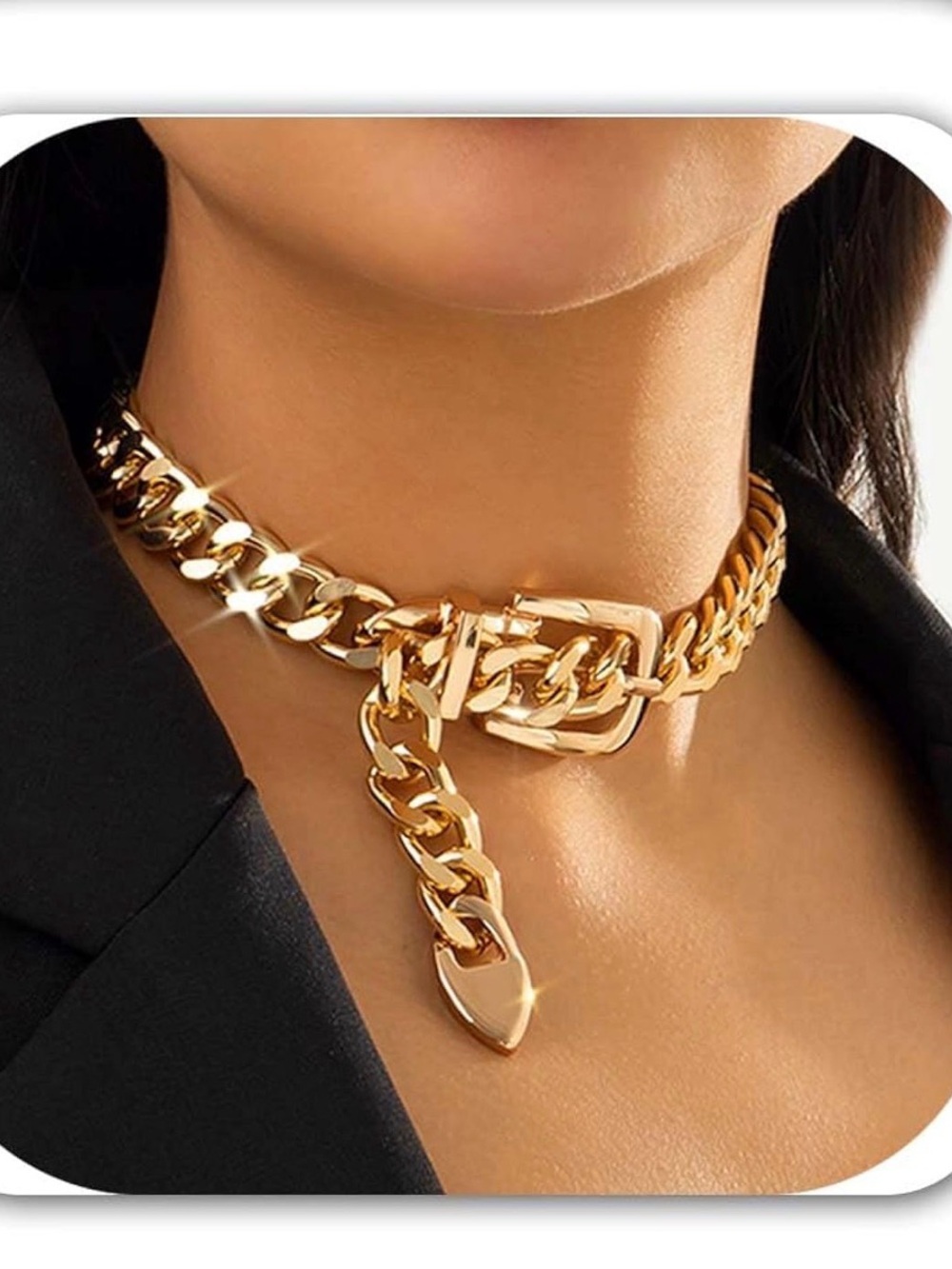Polished Gold Chain Buckle Choker Necklace - Women Jewelry